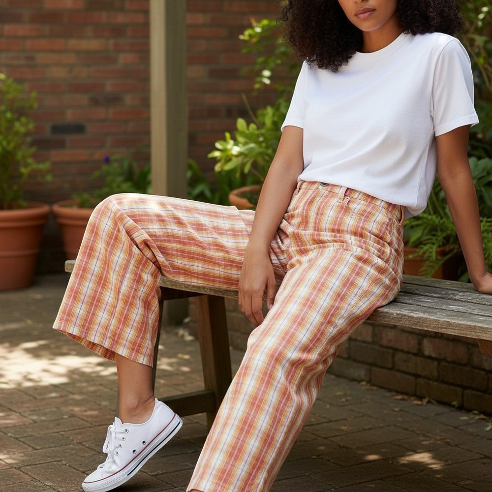 Liz Claiborne Lizwear Jeans 12 Orange Plaid Crop Pants Excellent Wide Leg Cotton